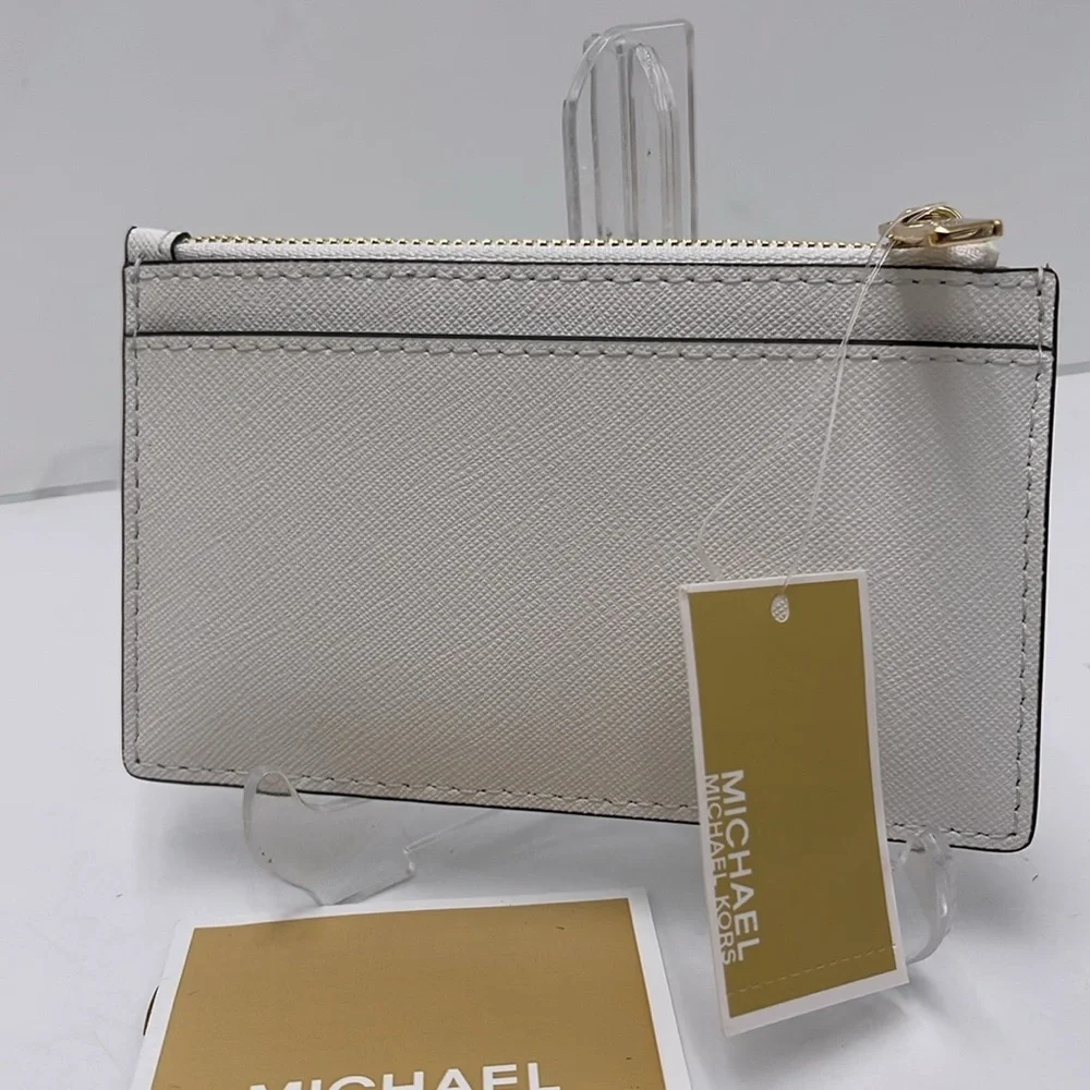 Michael Kors Jet Set Travel Medium Leather Zip Around Card Case Optic White NWT